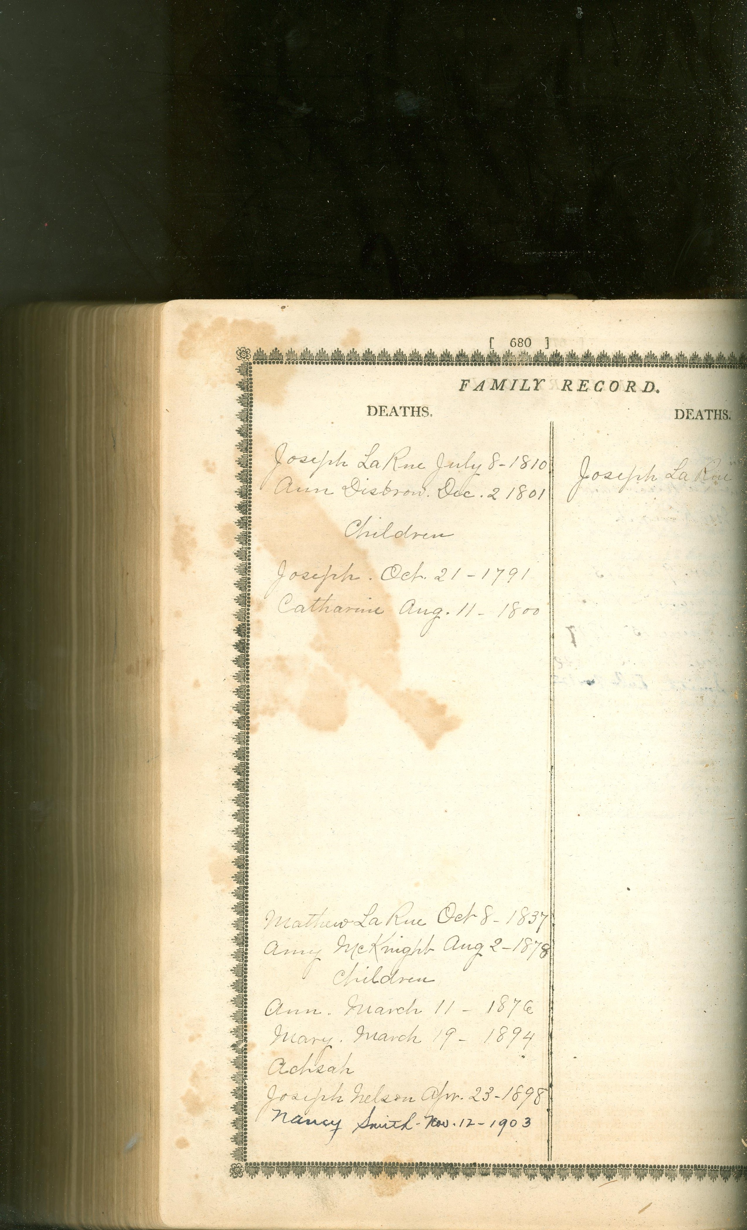 image of Joseph and Ann LaRue Bible Record, Deaths