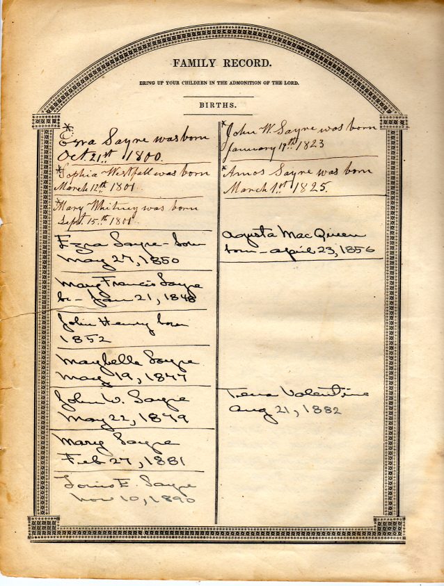 Image of first page of family records in Sayre Bible