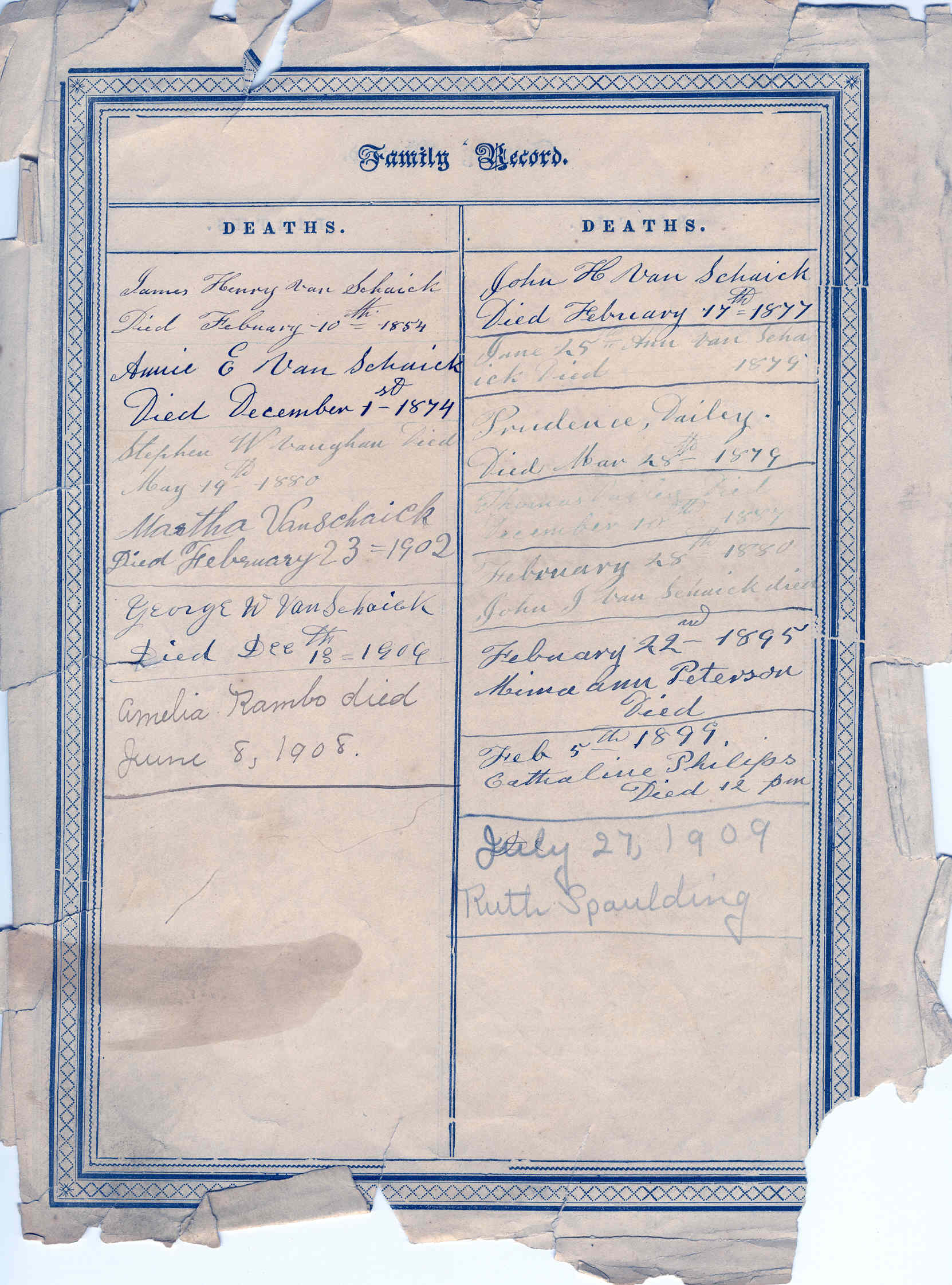 image of Van Schaick Bible Family Records Deaths Page